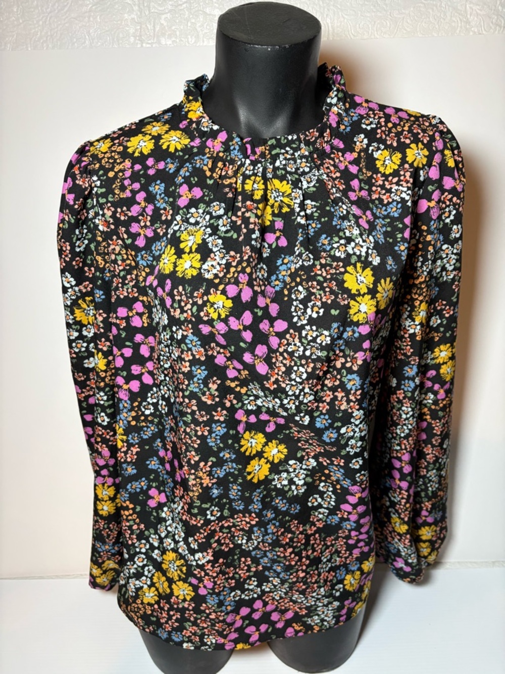 Women's Black Floral Long-Sleeve Blouse - Pink, Yellow, Blue Print - Picture 1 of 6
